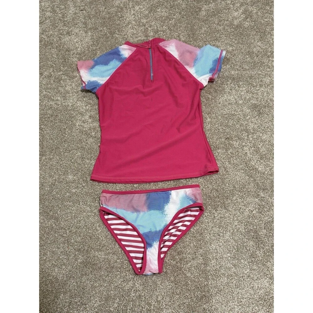 Eddie Bauer Girls Swimsuit Set Short Sleeve Rash Guard Bikini Bottoms   Size 7/8